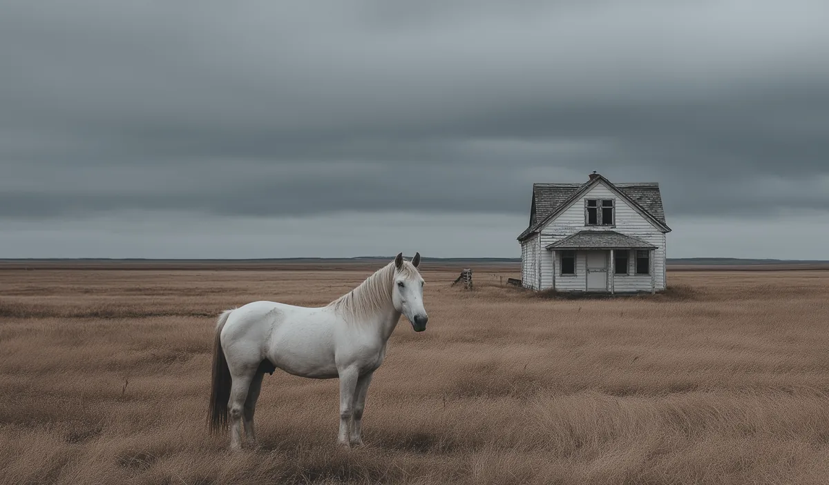 Caballo blanco de pie en un campo abierto bajo un cielo nublado