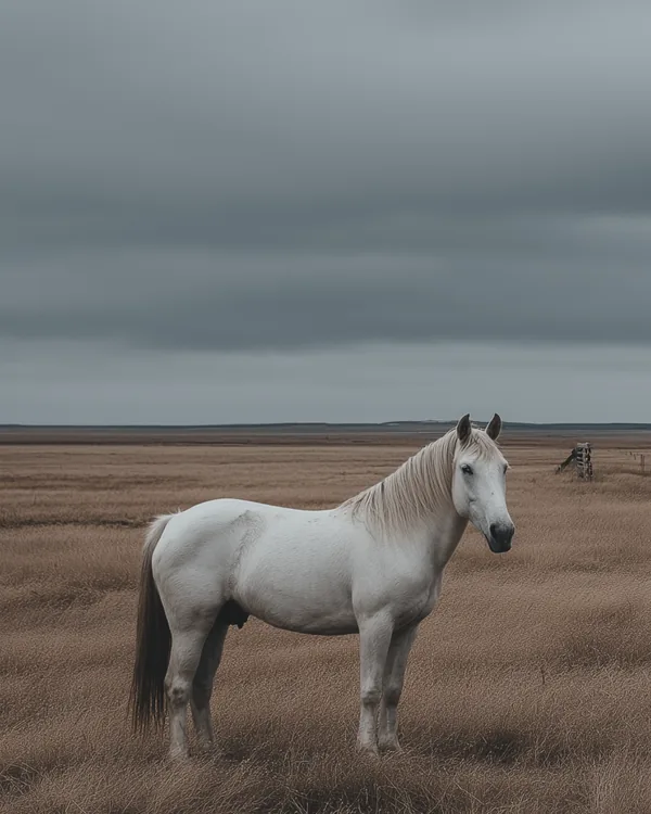 Caballo blanco de pie en un campo abierto bajo un cielo nublado